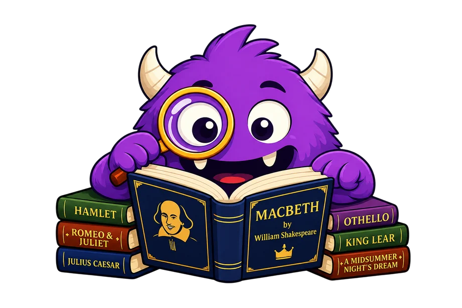 StoryBites monster reading Shakespeare with a magnifying glass, atop a stack of classic books